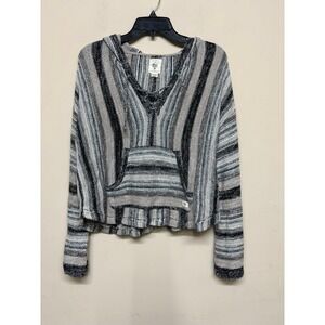 Billabong Baja Hoodie Sweater Medium Gray Black Stripe Surf Pullover Hippie
